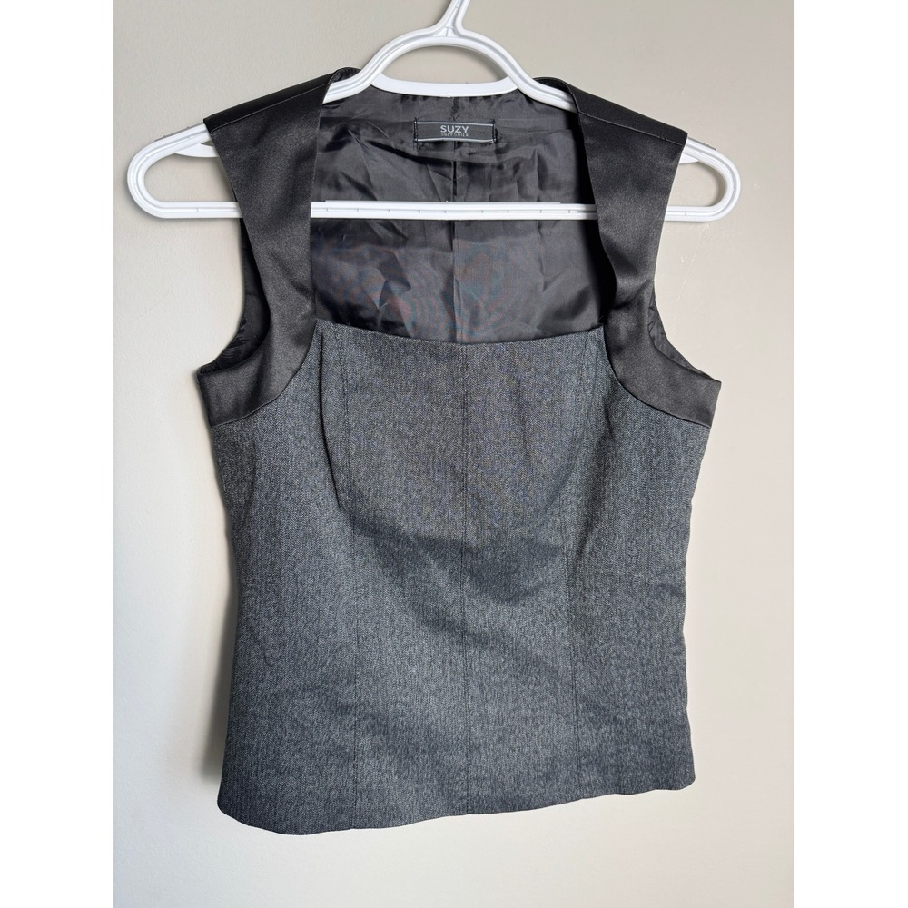 Suzy Shier Vintage Herringbone‎ Satin Trim Vest 3/4 Dark Academia Office Y2K